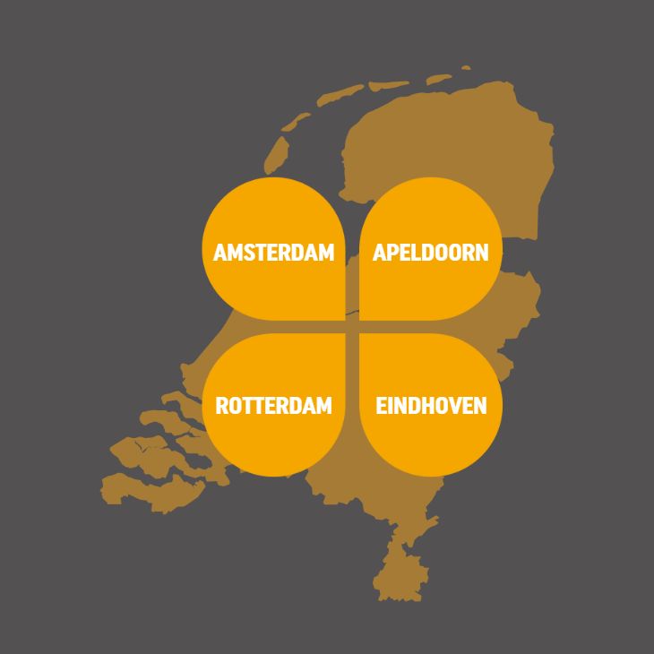 Wij zetten onze kennis in vanuit het hele land met kantoren in Amsterdam, Apeldoorn, Eindhoven en Rotterdam